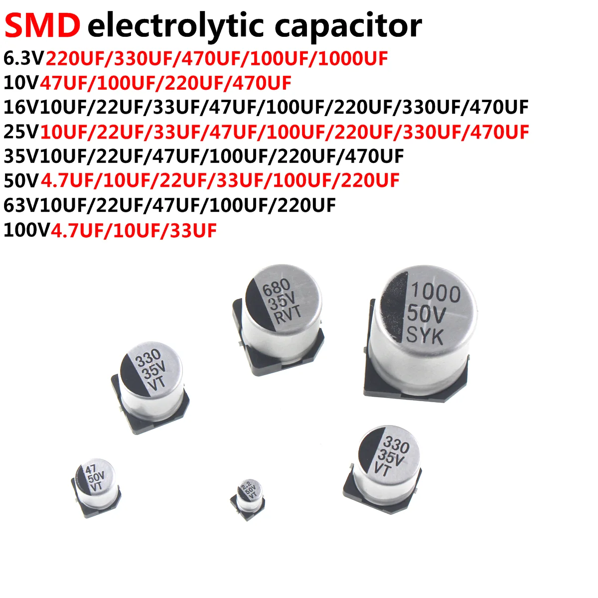 kf-S023c126b38a84bf987d42f4c738dfc4av-100-50-20pcs-SMD-6-3V-10V-16V-25V-35V-50V-Aluminum-Electrolytic-Capacitor-1UF-10UF.webp SMD 6.3V 10V 16V 25V 35V 50V Aluminum Electrolytic Capacitor 1UF 10UF 22UF 33UF 47UF 100UF 220UF 330UF 470UF - Image 1