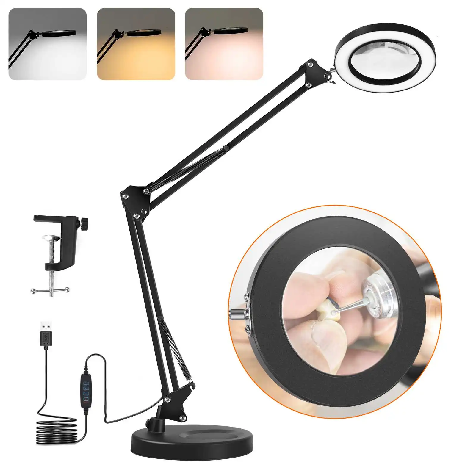 kf-Sb0a23ba8a995420494ba981fe77e2e1cd-Magnifier-LED-Lamp-10X-Magnifying-Glass-with-Light-10-Levels-LED-Reading-Light-with-Clamp-Stand.webp Magnifier LED Lamp Magnifying Glass with Light 10 Levels LED Reading Light with Clamp Stand Craft 3 Color Light Lamp - Image 1