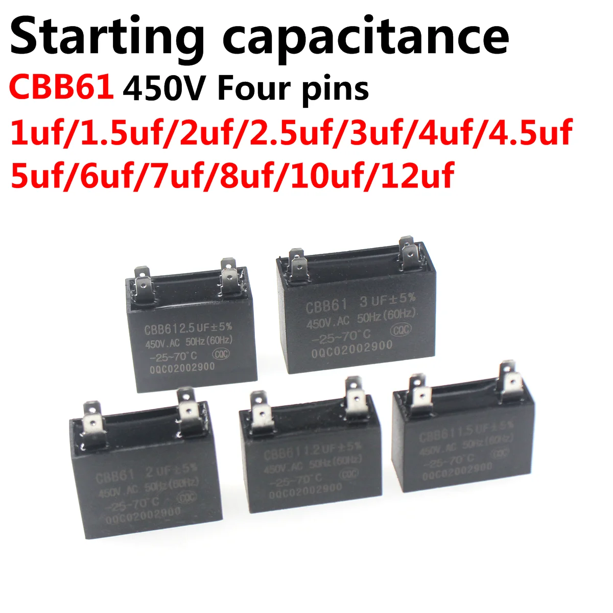 kf-Sbac6f921f9494ecaabc216e8930e6e99f-5PCS-CBB61-450V-dip4pin-Fan-Start-Capacitor-1uF-1-2uF-1-5uF-2-0uF-2-5uF.webp CBB61 450V dip4pin Fan Start Capacitor 1uF 1.2uF 1.5uF 2.0uF 2.5uF 3.0uF 3.5uF 4.0uF 4.5 5.0uF 6.0uF 7.0uF 8.0uF 10uF 12uf - Image 1
