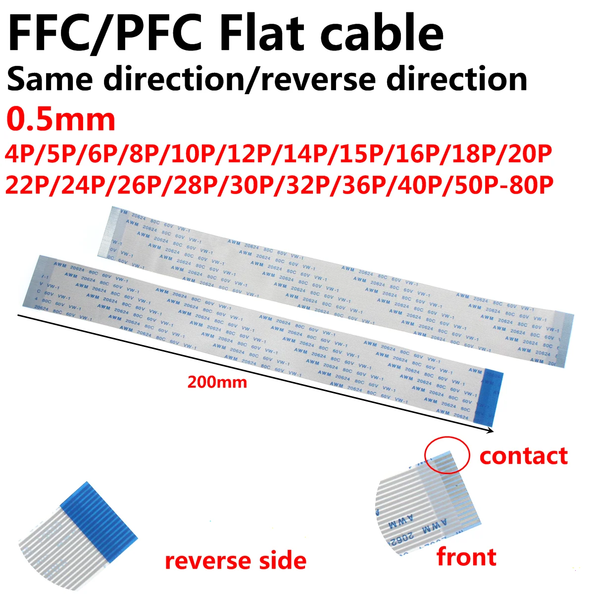 kf-Sd759b6c086524ce690c727751e918084Y-20Pcs-FPC-Flexible-Flat-Cable-FFC-0-5MM-200MM-20cm-A-B-type-interface-4P-5P.webp Flexible Flat Cable (FFC) - Image 1